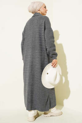 Zigzag Kabartmalı Triko Uzun Hırka Füme - Hırka