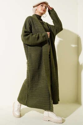 Zigzag Kabartmalı Triko Uzun Hırka Haki - RAFİMİX