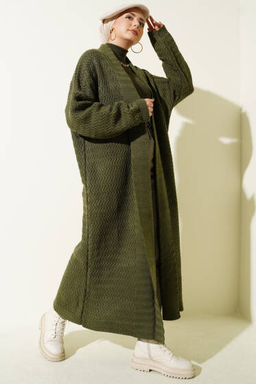 Zigzag Kabartmalı Triko Uzun Hırka Haki - Hırka