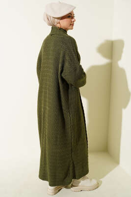 Zigzag Kabartmalı Triko Uzun Hırka Haki - Hırka