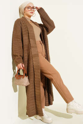 Zigzag Kabartmalı Triko Uzun Hırka Kahve - RAFİMİX