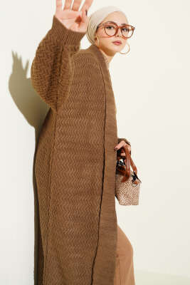 Zigzag Kabartmalı Triko Uzun Hırka Kahve - Hırka