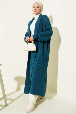 Zigzag Kabartmalı Triko Uzun Hırka Petrol - Hırka