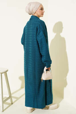 Zigzag Kabartmalı Triko Uzun Hırka Petrol - Hırka