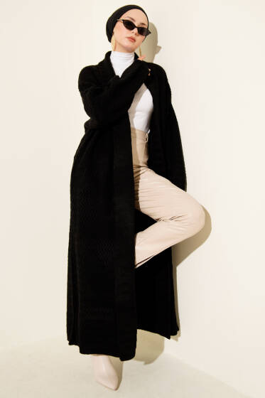 Zigzag Kabartmalı Triko Uzun Hırka Siyah - Hırka