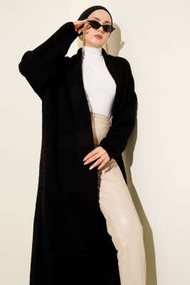 Zigzag Kabartmalı Triko Uzun Hırka Siyah - Hırka