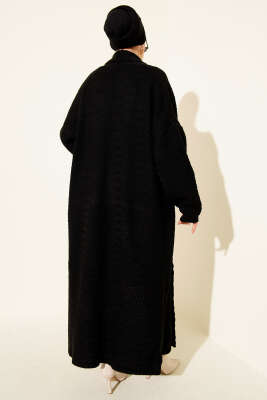 Zigzag Kabartmalı Triko Uzun Hırka Siyah - Hırka