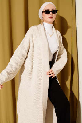 Zigzag Kabartmalı Triko Uzun Hırka Taş - Hırka