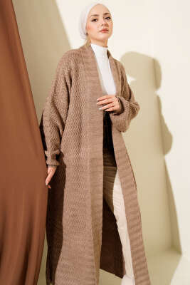 Zigzag Kabartmalı Triko Uzun Hırka Vizon - Hırka