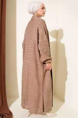 Zigzag Kabartmalı Triko Uzun Hırka Vizon - Hırka