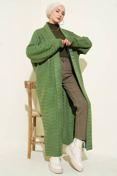 Zigzag Kabartmalı Triko Uzun Hırka Yeşil - Hırka