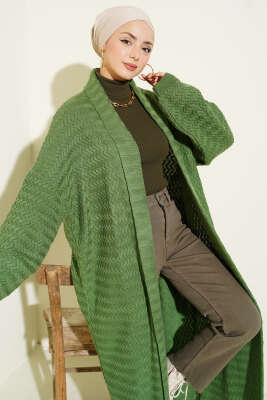 Zigzag Kabartmalı Triko Uzun Hırka Yeşil - Hırka