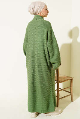 Zigzag Kabartmalı Triko Uzun Hırka Yeşil - Hırka