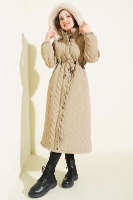 Zigzag Kapitone Kapüşonlu Şişme Mont Bej - MUSTİ