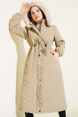 Zigzag Kapitone Kapüşonlu Şişme Mont Bej - Mont