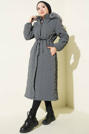 Zigzag Kapitone Kapüşonlu Şişme Mont Füme - Mont