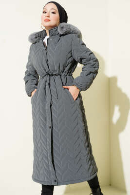 Zigzag Kapitone Kapüşonlu Şişme Mont Füme - Mont