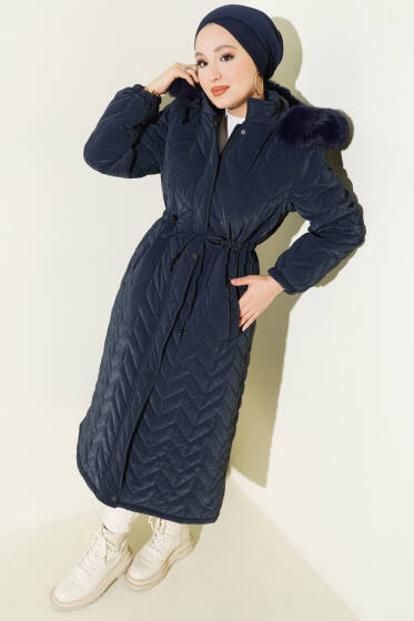 Zigzag Kapitone Kapüşonlu Şişme Mont Lacivert - Mont