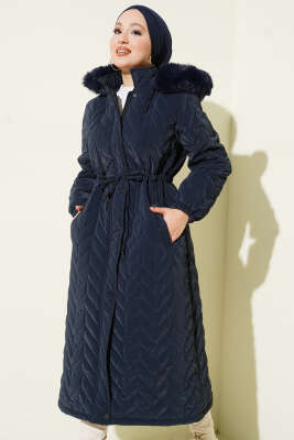 Zigzag Kapitone Kapüşonlu Şişme Mont Lacivert - Mont