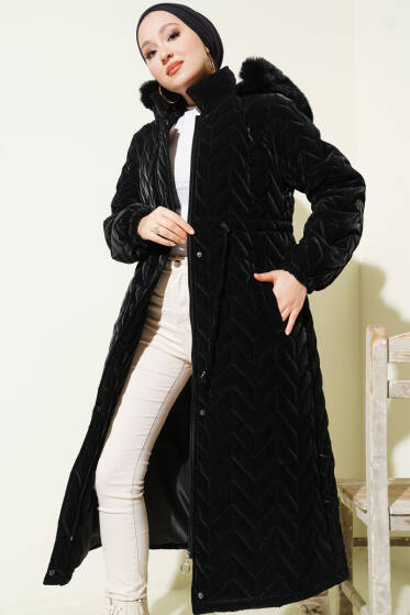 Zigzag Kapitone Kapüşonlu Şişme Mont Siyah - Mont