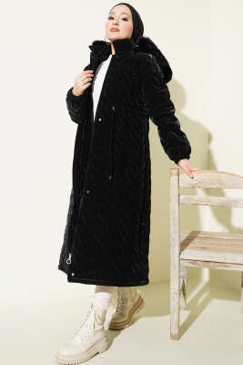 Zigzag Kapitone Kapüşonlu Şişme Mont Siyah - Mont