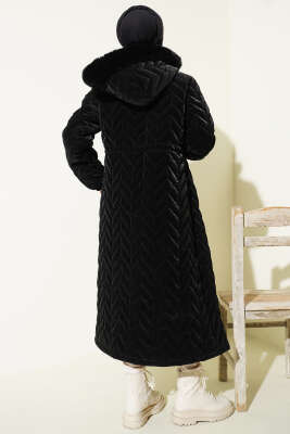 Zigzag Kapitone Kapüşonlu Şişme Mont Siyah - Mont