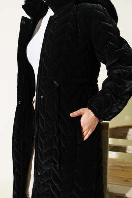 Zigzag Kapitone Kapüşonlu Şişme Mont Siyah - Mont