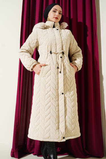 Zigzag Kapitone Kapüşonlu Şişme Mont Taş - Mont