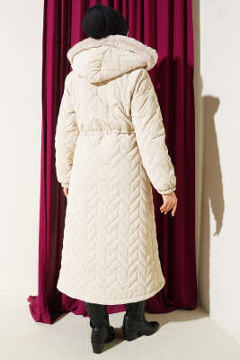 Zigzag Kapitone Kapüşonlu Şişme Mont Taş - Mont