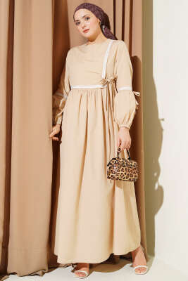 Zigzag Nakışlı Yan İpli Poplin Elbise Bej - ASMİN