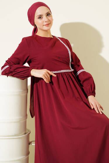 Zigzag Nakışlı Yan İpli Poplin Elbise Bordo - Elbise