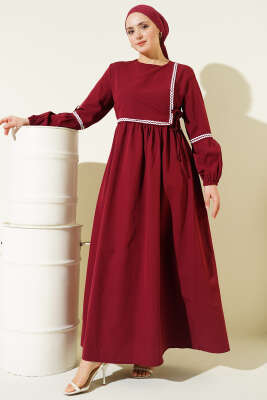 Zigzag Nakışlı Yan İpli Poplin Elbise Bordo - Elbise