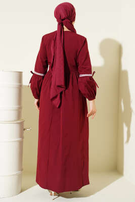 Zigzag Nakışlı Yan İpli Poplin Elbise Bordo - Elbise