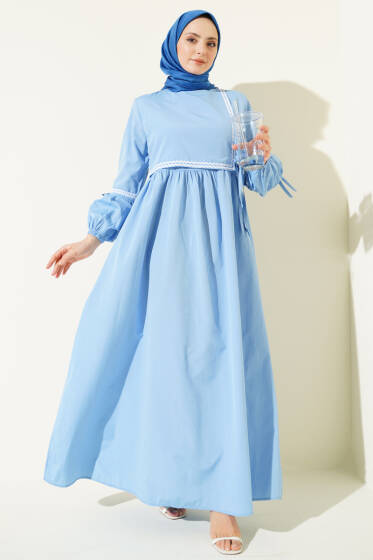 Zigzag Nakışlı Yan İpli Poplin Elbise Buz Mavisi - Elbise
