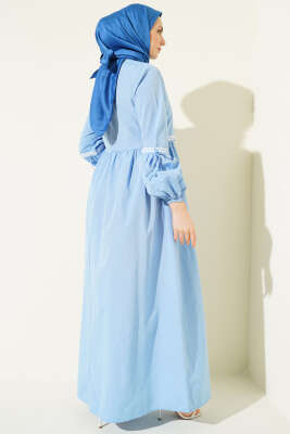 Zigzag Nakışlı Yan İpli Poplin Elbise Buz Mavisi - Elbise