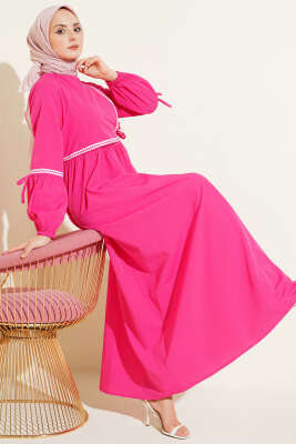 Zigzag Nakışlı Yan İpli Poplin Elbise Fuşya - ASMİN