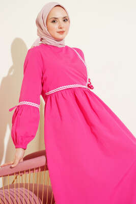 Zigzag Nakışlı Yan İpli Poplin Elbise Fuşya - Elbise