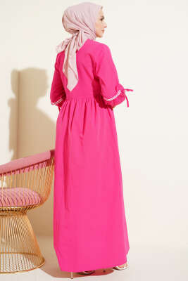 Zigzag Nakışlı Yan İpli Poplin Elbise Fuşya - Elbise