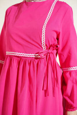 Zigzag Nakışlı Yan İpli Poplin Elbise Fuşya - Elbise