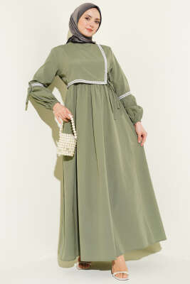 Zigzag Nakışlı Yan İpli Poplin Elbise Haki - ASMİN