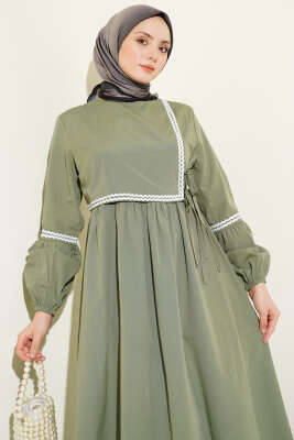 Zigzag Nakışlı Yan İpli Poplin Elbise Haki - Elbise