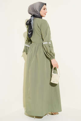 Zigzag Nakışlı Yan İpli Poplin Elbise Haki - Elbise