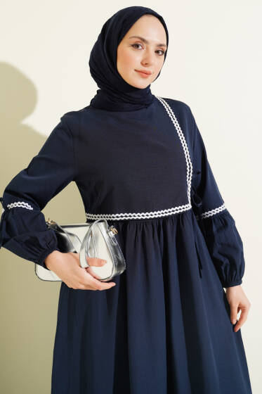 Zigzag Nakışlı Yan İpli Poplin Elbise Lacivert - Elbise