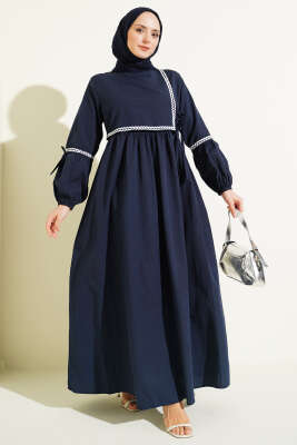 Zigzag Nakışlı Yan İpli Poplin Elbise Lacivert - Elbise