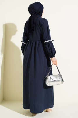 Zigzag Nakışlı Yan İpli Poplin Elbise Lacivert - Elbise