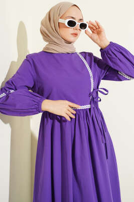 Zigzag Nakışlı Yan İpli Poplin Elbise Mor - ASMİN