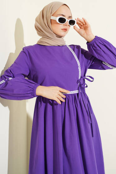 Zigzag Nakışlı Yan İpli Poplin Elbise Mor - Elbise