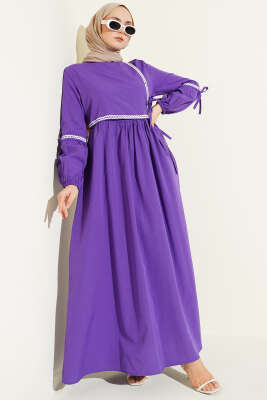 Zigzag Nakışlı Yan İpli Poplin Elbise Mor - Elbise