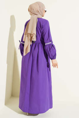 Zigzag Nakışlı Yan İpli Poplin Elbise Mor - Elbise