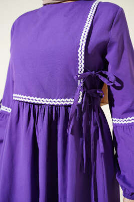 Zigzag Nakışlı Yan İpli Poplin Elbise Mor - Elbise